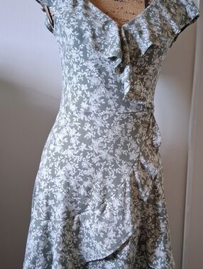 the general good midi dress faux wrap-around cream floral on sage green